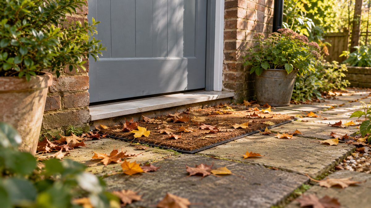 Autumn leaves gather beside a back doorstep and a narrow shaded gap beneath a plain wooden door.
