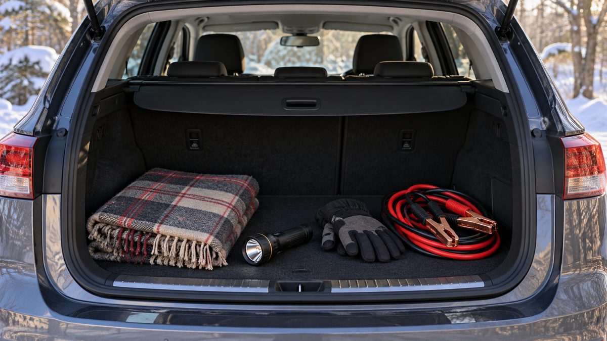 A folded blanket, torch, gloves and coiled jumper cables sit neatly inside an open car boot.