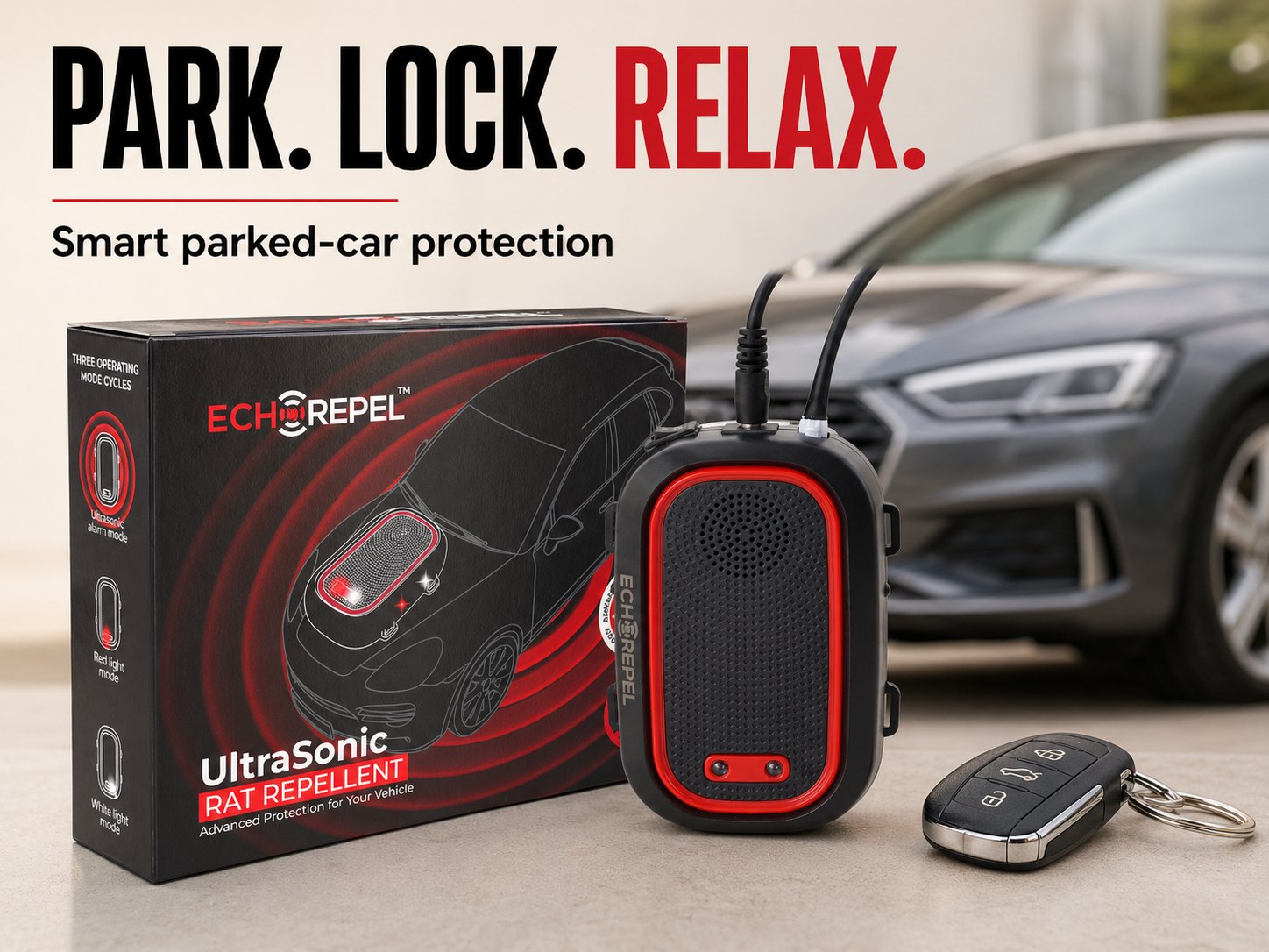 EchoRepel rat repellent and its box beside a car key, in front of a parked car