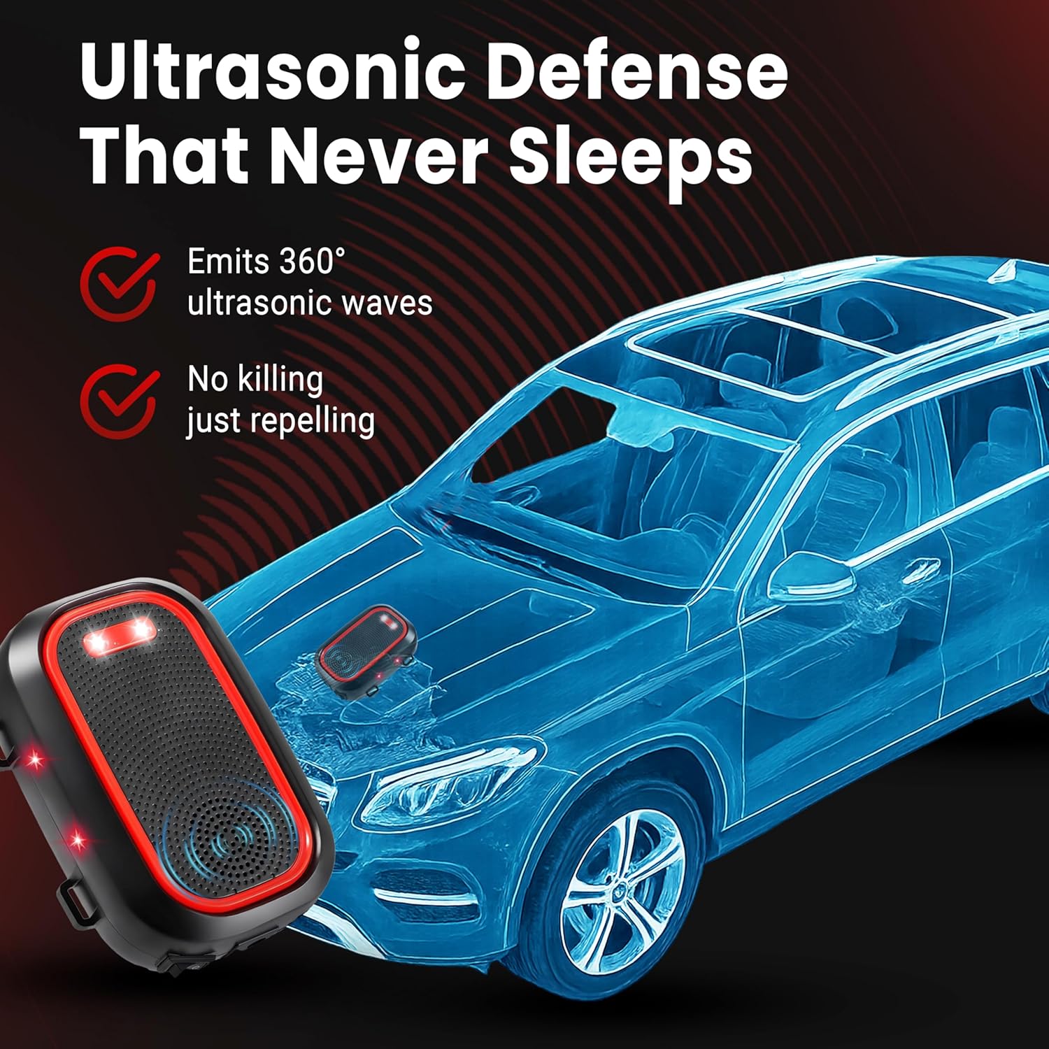EchoRepel ultrasonic rat repellent protecting a car's engine bay, shown over a car illustration